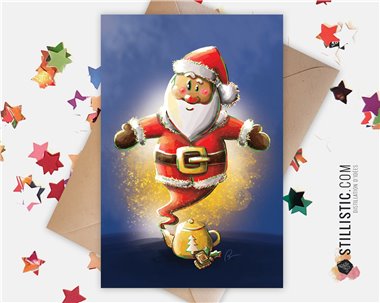 Carte de voeux papier 350g avec Illustration Originale Père Noël Génie et Théière magique pour Noël Nouvel An