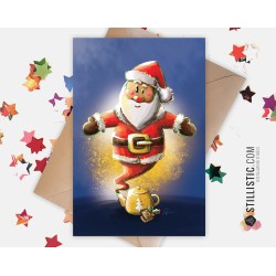 Carte de voeux papier 350g avec Illustration Originale Père Noël Génie et Théière magique pour Noël Nouvel An