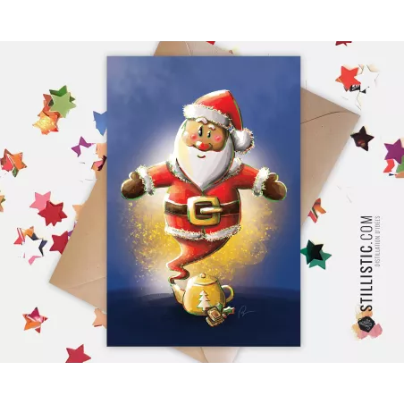Carte de voeux papier 350g avec Illustration Originale Père Noël Génie et Théière magique pour Noël Nouvel An