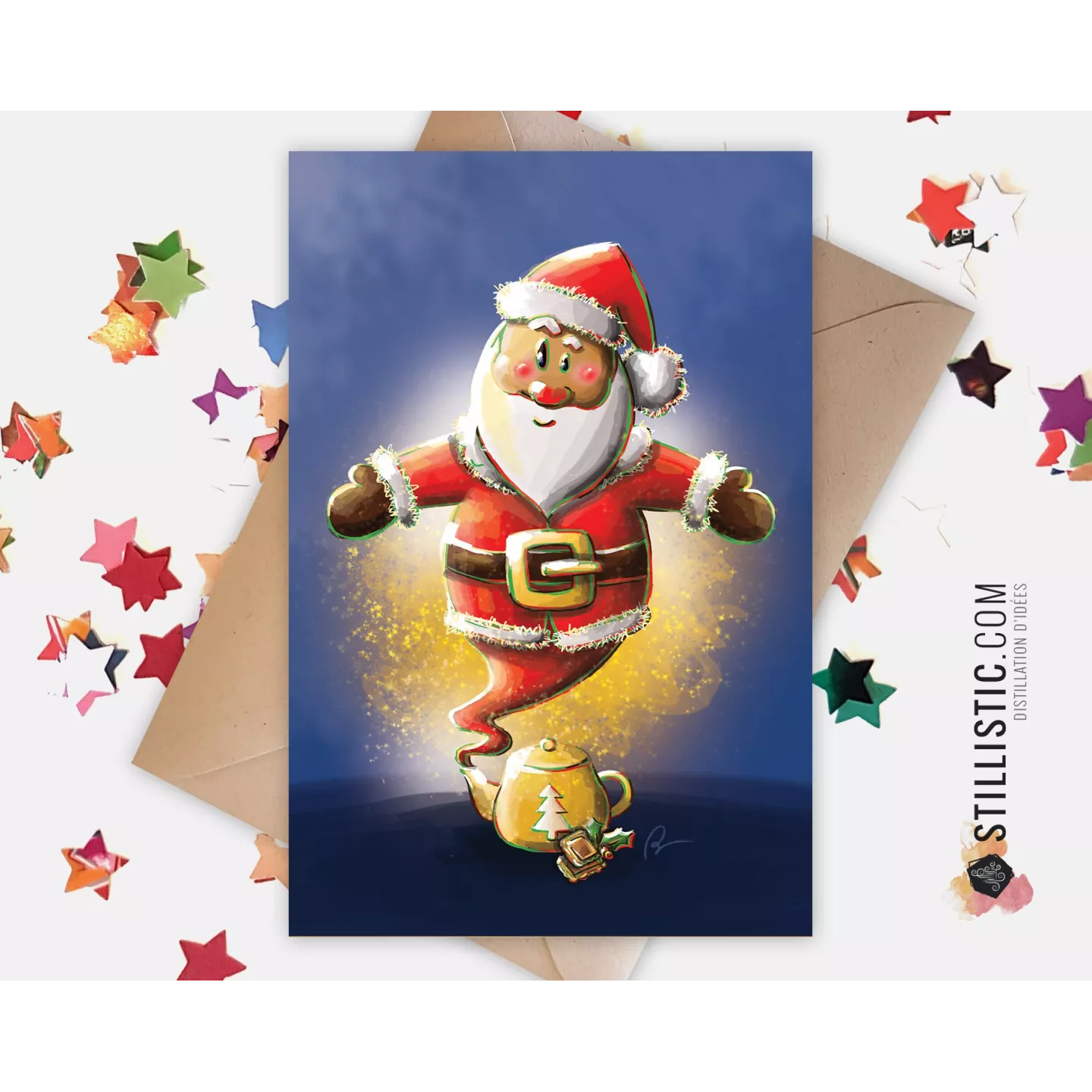 Carte de voeux papier 350g avec Illustration Originale Père Noël Génie et Théière magique pour Noël Nouvel An