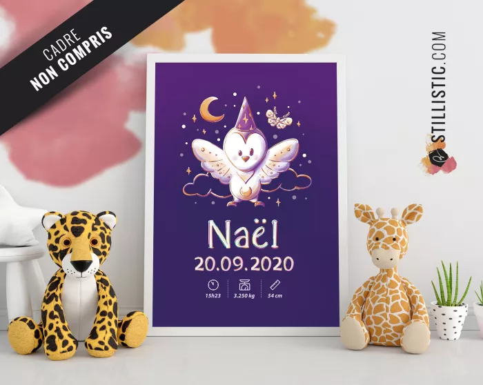 Poster de naissance Chouette Magicienne personnalisé