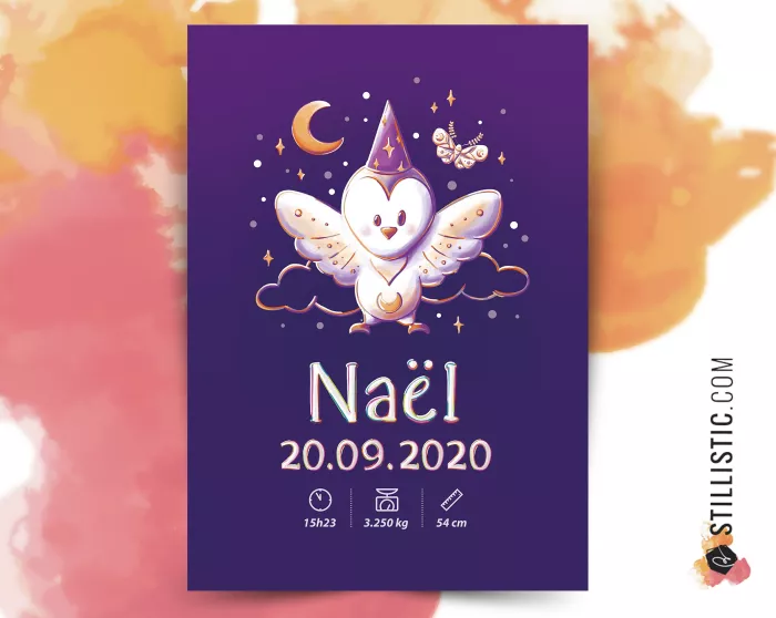 Poster de naissance Chouette Magicienne personnalisé