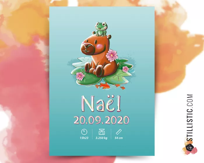 Poster de naissance Capybara et grenouille personnalisé