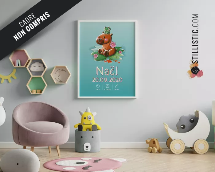 Poster de naissance Capybara et grenouille personnalisé