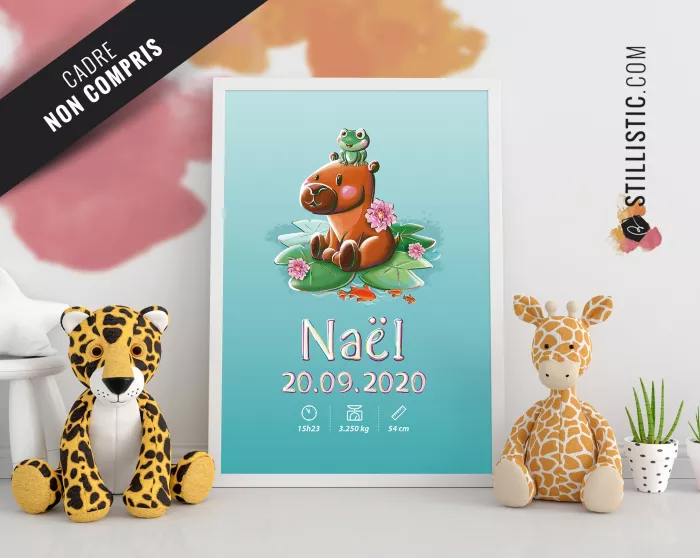 Poster de naissance Capybara et grenouille personnalisé