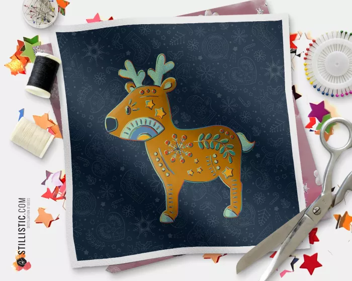 Coupon tissu illustré Noël Folk Renne tissu Oekotex