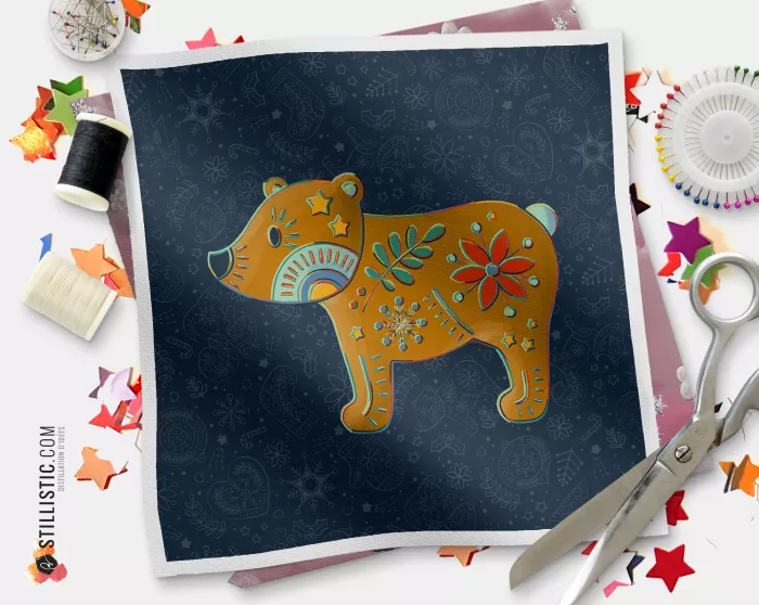 Coupon tissu illustré Noël Folk Ours tissu Oekotex