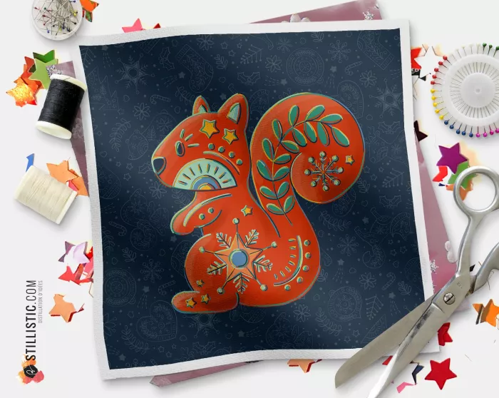Coupon tissu illustré Noël Folk Ecureuil tissu Oekotex