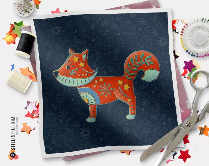 Coupon tissu illustré Noël Folk Renard tissu Oekotex