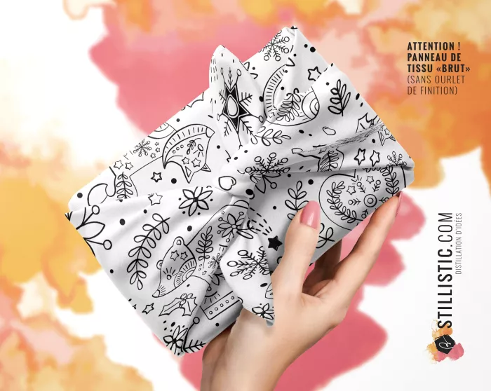 Coupon coloriable furoshiki Noël Folk emballage cadeau coton éco-responsable