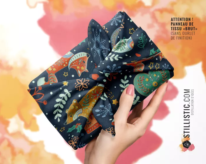 Coupon furoshiki Noël Folk emballage cadeau coton éco-responsable