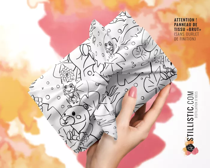Coupon coloriable furoshiki Capybara et Grenouille emballage cadeau coton éco-responsable