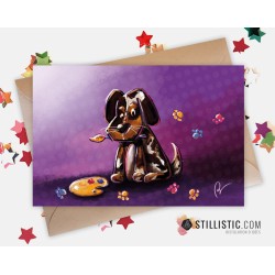 Carte de voeux papier 350g avec Illustration Originale Petit chiot artiste peintre et palette pour Anniversaire Fête des mères