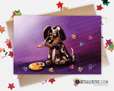 Carte de voeux papier 350g avec Illustration Originale Petit chiot artiste peintre et palette pour Anniversaire Fête des mères