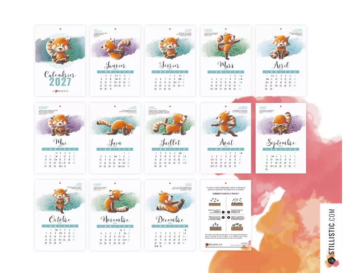 Calendrier à planter 2027 yoga Panda Roux éco-responsable papier graines ensemencé