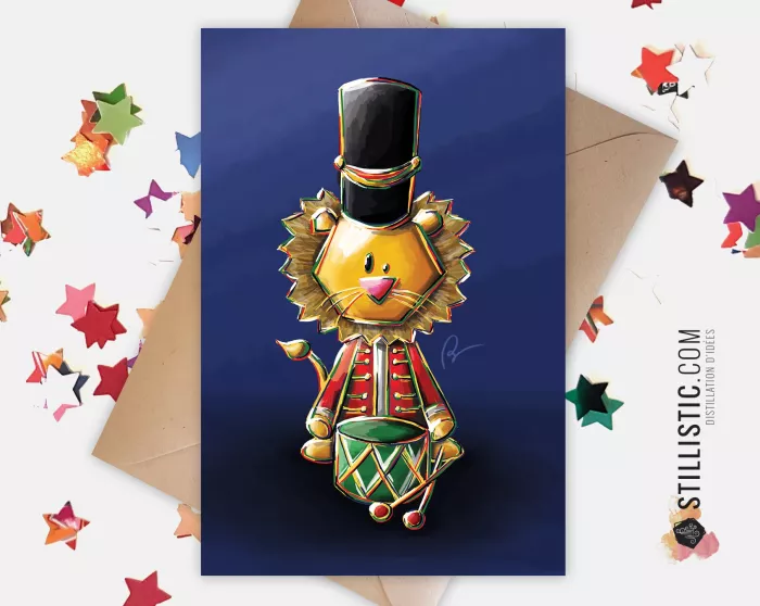 Carte de voeux papier 350g avec Illustration Originale Lion Casse-Noisette pour Noël Nouvel An