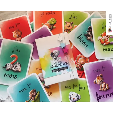 Coffret cartes étapes naissance bébé souvenirs enfants illustrations animaux