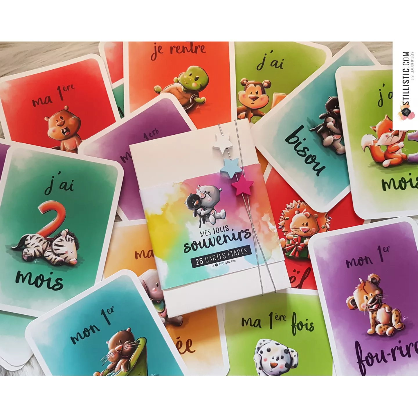 Coffret cartes étapes naissance bébé souvenirs enfants illustrations animaux