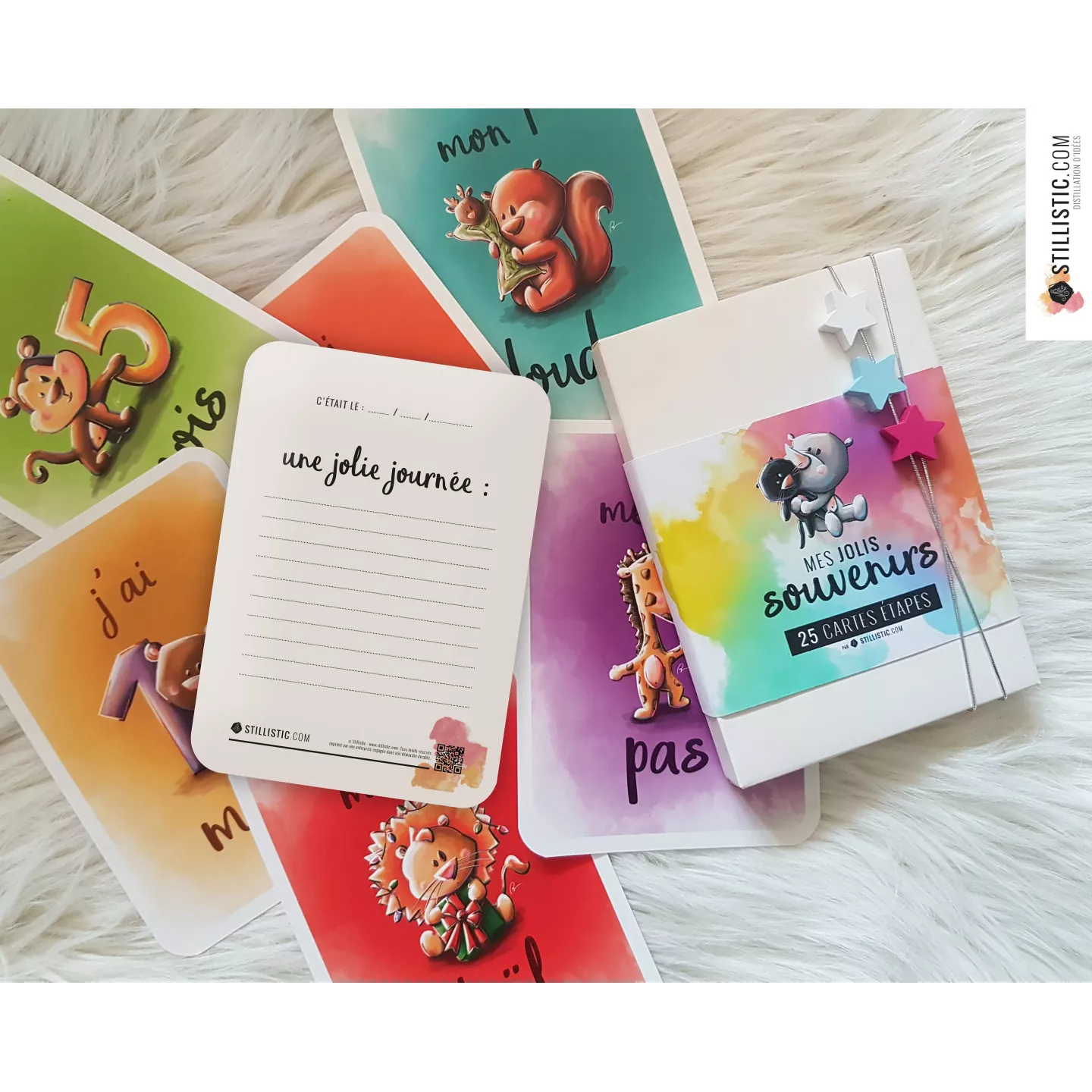 Coffret cartes étapes naissance bébé souvenirs enfants illustrations animaux