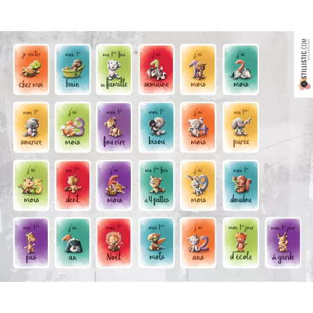 Coffret cartes étapes naissance bébé souvenirs enfants illustrations animaux