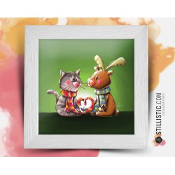 Cadre carré avec Illustration  Chaton et Renne pour Chambre Enfant bébé 25x25cm