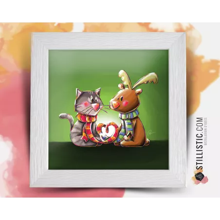 Cadre carré avec Illustration  Chaton et Renne pour Chambre Enfant bébé 25x25cm