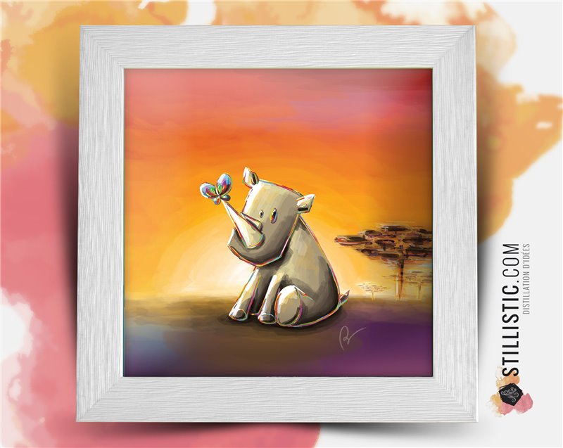 Cadre carré avec Illustration  Bébé rhinocéros et papillon pour Chambre Enfant bébé 25x25cm