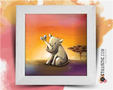 Cadre carré avec Illustration  Bébé rhinocéros et papillon pour Chambre Enfant bébé 25x25cm