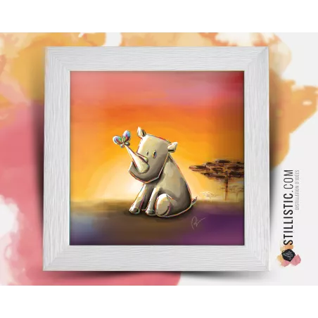 Cadre carré avec Illustration  Bébé rhinocéros et papillon pour Chambre Enfant bébé 25x25cm