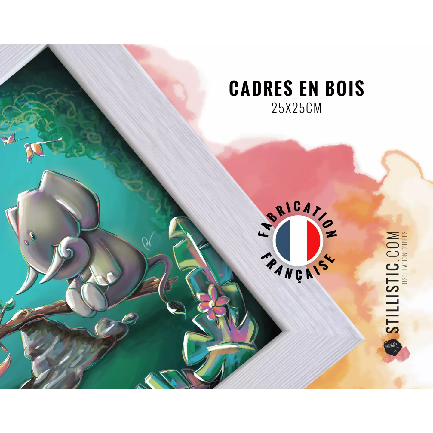 Cadre carré avec Illustration  Bébé rhinocéros et papillon pour Chambre Enfant bébé 25x25cm