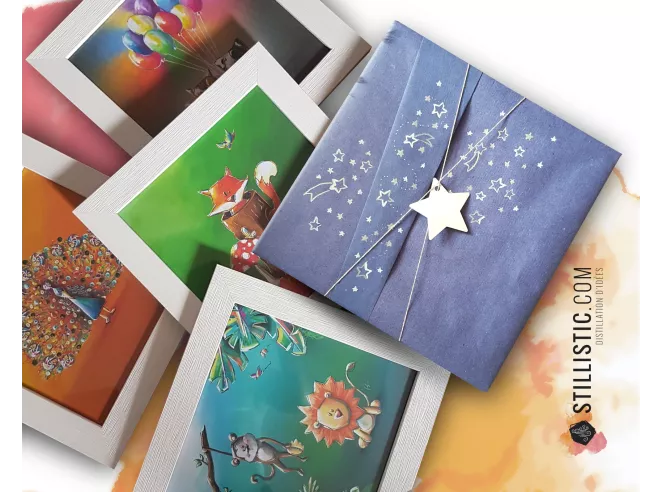 Cadre carré avec Illustration  Bébé rhinocéros et papillon pour Chambre Enfant bébé 25x25cm