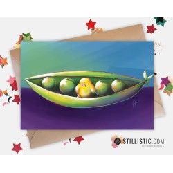 Carte de voeux papier 350g avec Illustration Originale Poussins et Petits pois pour Amitié Anniversaire Naissance Pâques