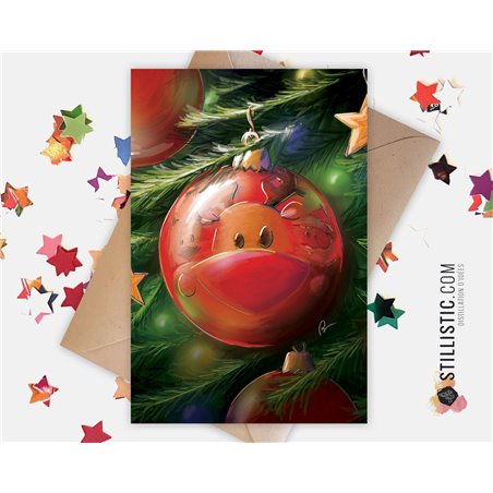 Carte de voeux papier 350g avec Illustration Originale Renne Boule de Noël  pour Noël Nouvel An