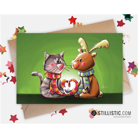 Carte de voeux papier 350g avec Illustration Originale Chaton et Renne amoureux pour Noël Saint-Valentin