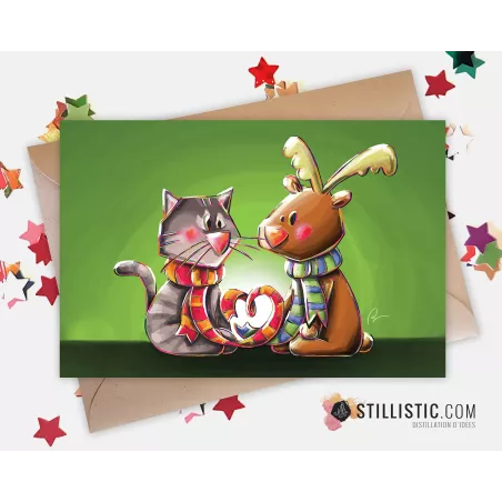 Carte de voeux papier 350g avec Illustration Originale Chaton et Renne amoureux pour Noël Saint-Valentin