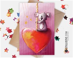 Carte de voeux papier 350g avec Illustration Originale Koala  Manège Coeur pour Fête des mères Amour Saint-Valentin
