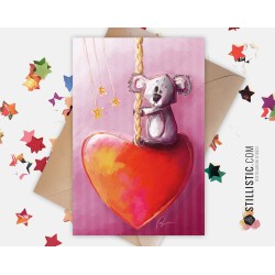 Carte de voeux papier 350g avec Illustration Originale Koala  Manège Coeur pour Fête des mères Amour Saint-Valentin