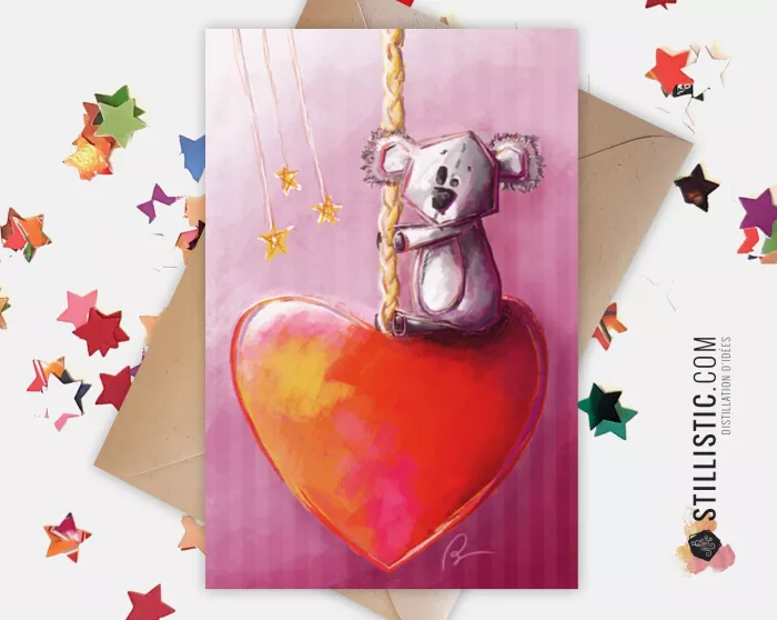 Carte de voeux papier 350g avec Illustration Originale Koala  Manège Coeur pour Fête des mères Amour Saint-Valentin