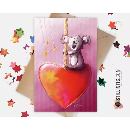 Carte de voeux papier 350g avec Illustration Originale Koala  Manège Coeur pour Fête des mères Amour Saint-Valentin