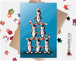 Carte de voeux papier 350g avec Illustration Originale Pingouin et sucres d'orge sapin pour Noël Nouvel An