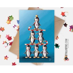 Carte de voeux papier 350g avec Illustration Originale Pingouin et sucres d'orge sapin pour Noël Nouvel An