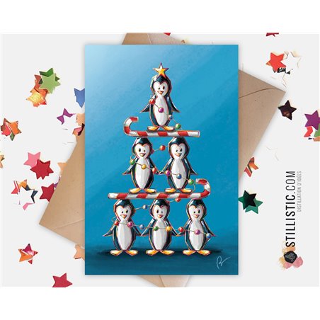 Carte de voeux papier 350g avec Illustration Originale Pingouin et sucres d'orge sapin pour Noël Nouvel An