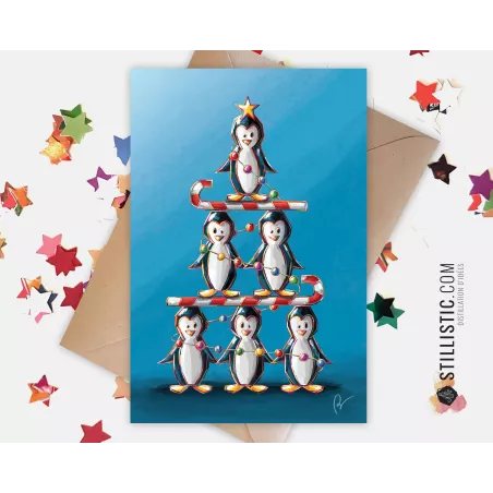 Carte de voeux papier 350g avec Illustration Originale Pingouin et sucres d'orge sapin pour Noël Nouvel An