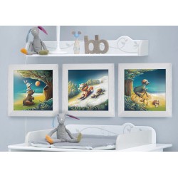 Triptyque lot de 3 Cadres carrés avec Illustration Animaux ski basket et vélo pour Chambre Enfant bébé 25x25cm