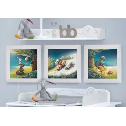 Triptyque lot de 3 Cadres carrés avec Illustration Animaux ski basket et vélo pour Chambre Enfant bébé 25x25cm
