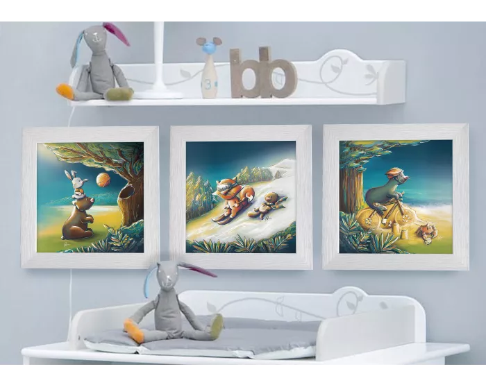 Triptyque lot de 3 Cadres carrés avec Illustration Animaux ski basket et vélo pour Chambre Enfant bébé 25x25cm