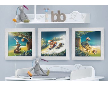 Triptyque lot de 3 Cadres carrés avec Illustration Animaux ski basket et vélo pour Chambre Enfant bébé 25x25cm