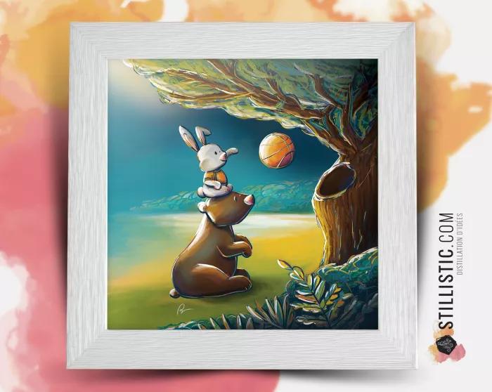 Triptyque lot de 3 Cadres carrés avec Illustration Animaux ski basket et vélo pour Chambre Enfant bébé 25x25cm