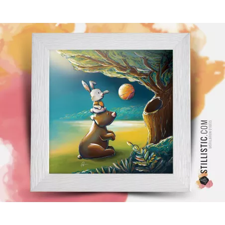 Triptyque lot de 3 Cadres carrés avec Illustration Animaux ski basket et vélo pour Chambre Enfant bébé 25x25cm