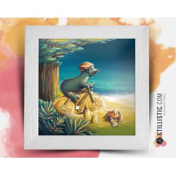 Cadre carré avec Illustration Otarie vélo et crabe pour Chambre Enfant bébé 25x25cm